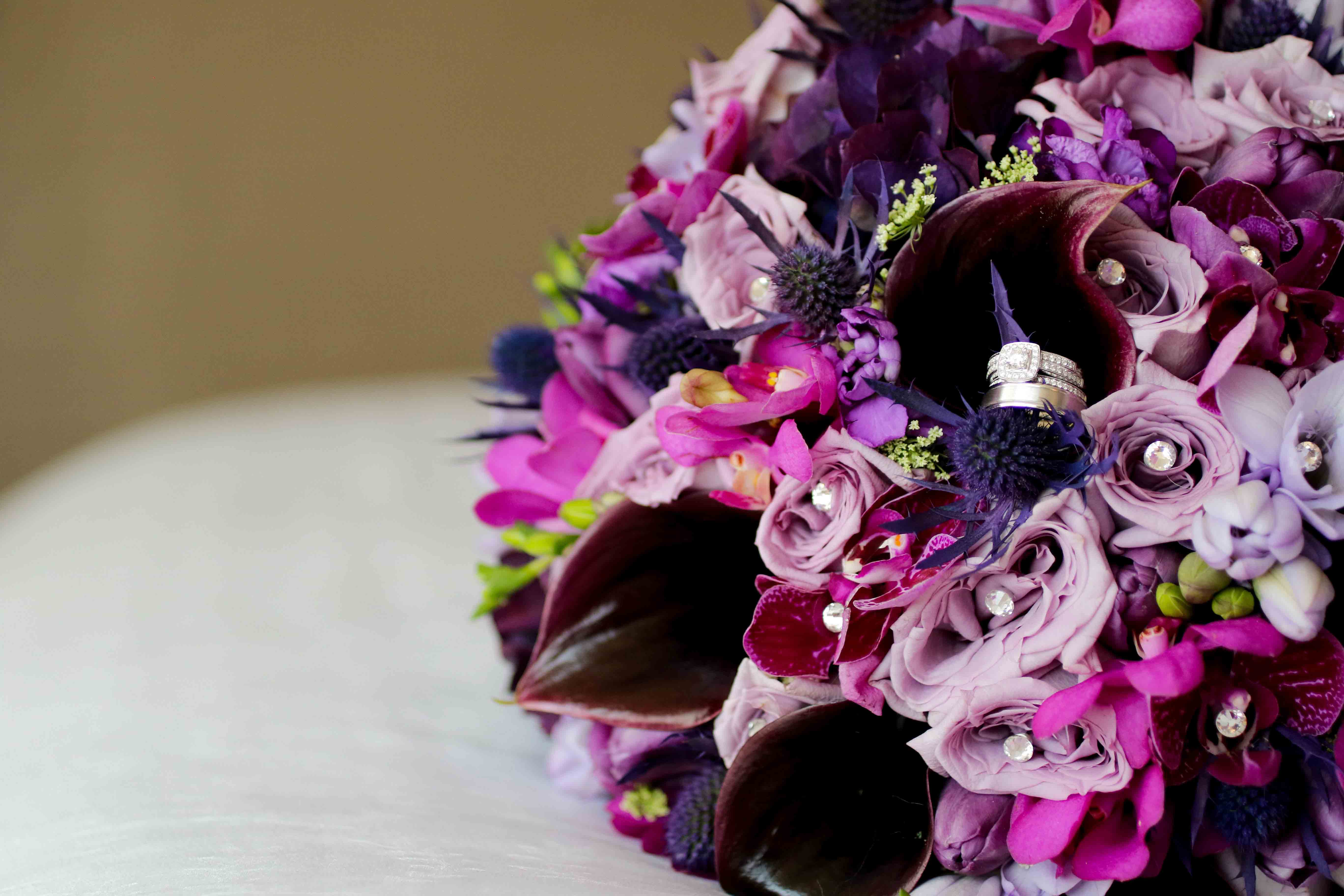 purple bridal bouquet, purple wedding inspiration