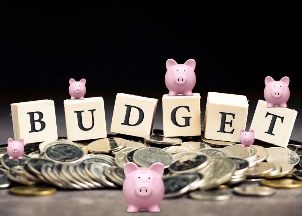 Where to splurge vs. save on wedding, budget in wooding blocks with lots of coins underneath with a bunch of pink small piggy banks around.