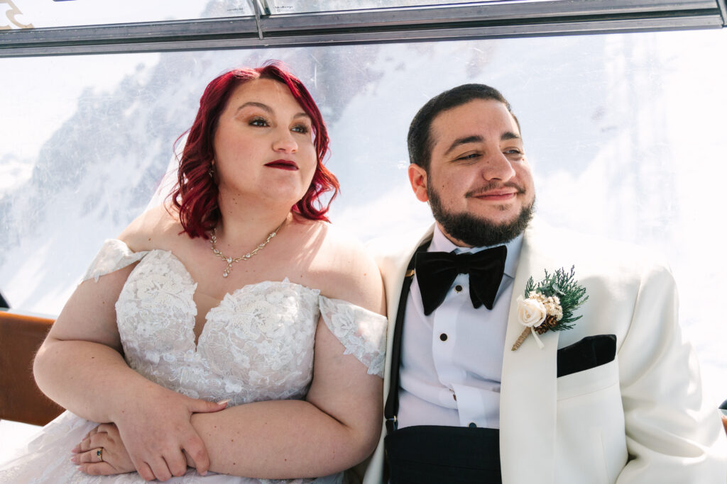 Mammoth Lakes Wedding, Bride and Groom in Gondola going up Mammoth Mountain.
